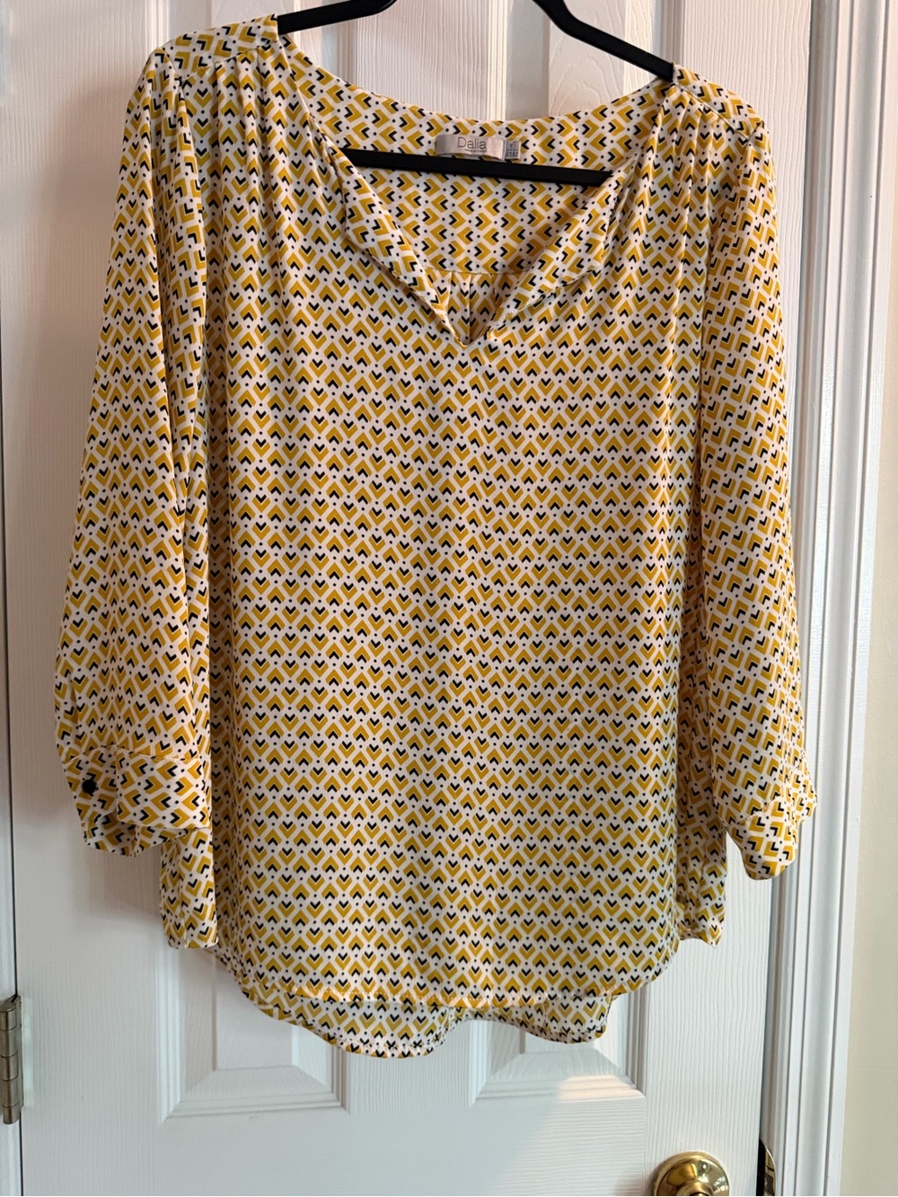 Dalia Yellow, Black and White Geometric V-Neck Blouse